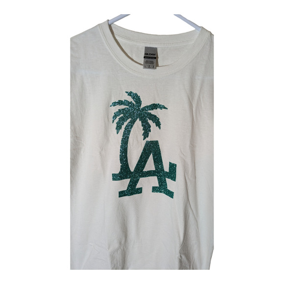 LA Palm Trees Glitter Graphic Tee Shirt Size L Pre Owned - Picture 4 of 5